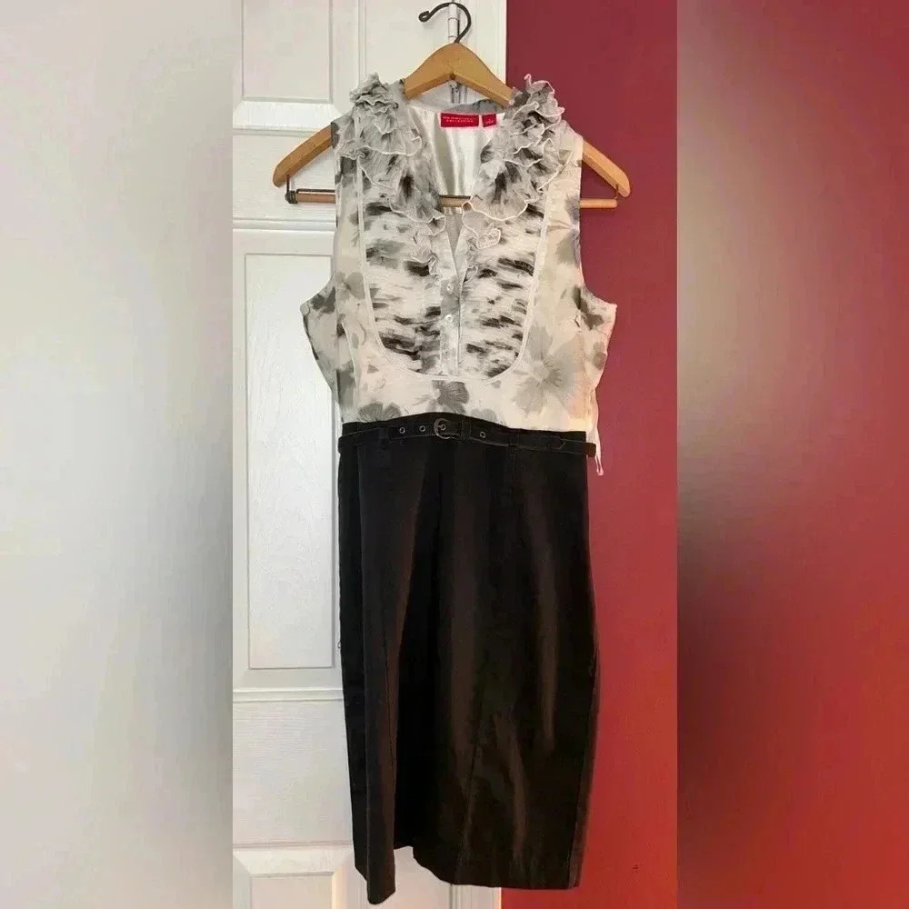 New York & Company Black and White‎ Belted Ruffle Dress Size Small